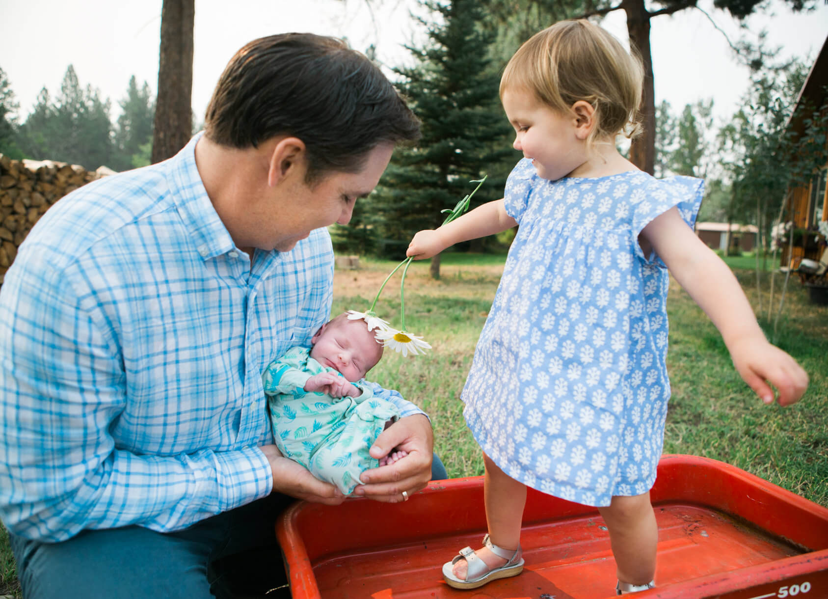 A father holds his newborn baby girl as her big sister rests a daisy atop her head during their newborn photo session in Stevensville Montana